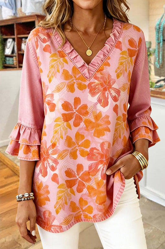 Sweet Floral Ruffle V-Neck Blouse