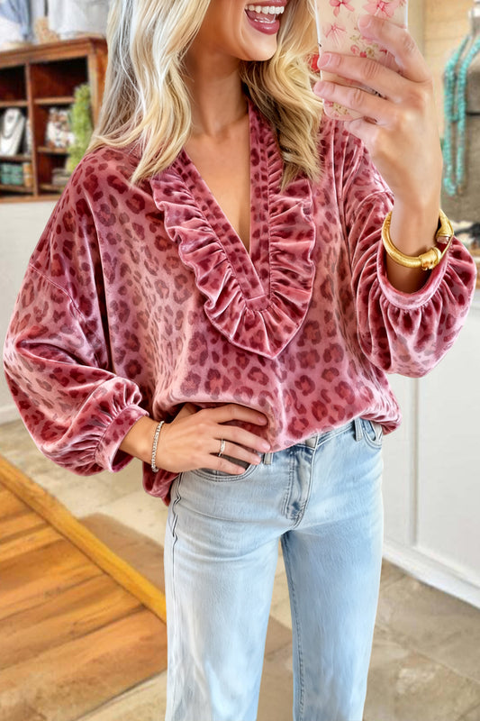 Sweet Leopard Print Velvet Blouses