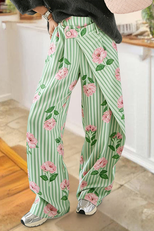 Spring Striped Floral Asymmetrical Pants
