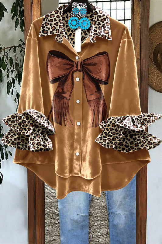 Retro Velvet Leopard Print Bow Ruffle Sleeve Top