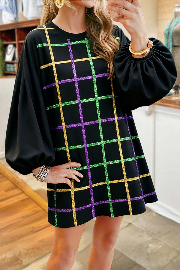 Mardi Gras Sparkly Plaid Sweatshirt Dress