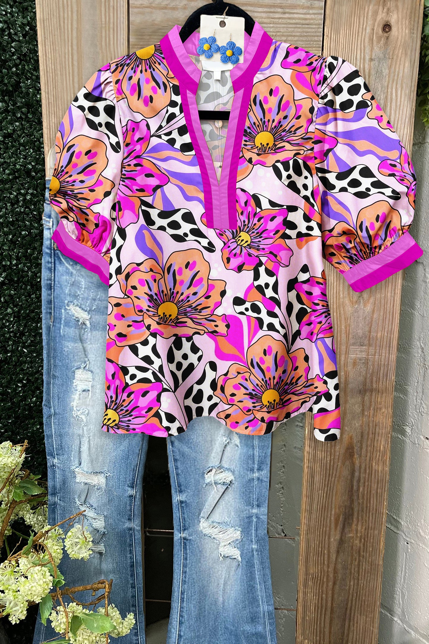 Charming Animal Print Floral Puff Sleeve Shirt