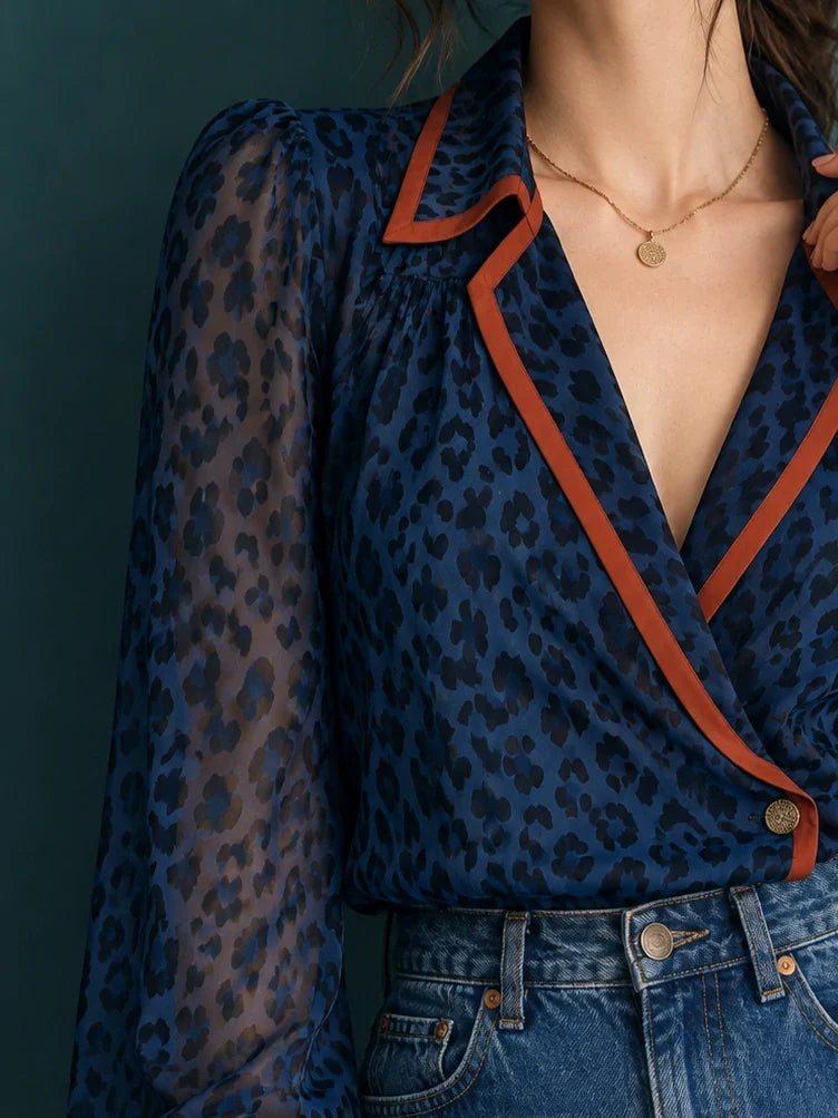 Contrast-Trim Leopard Wrap Blouse