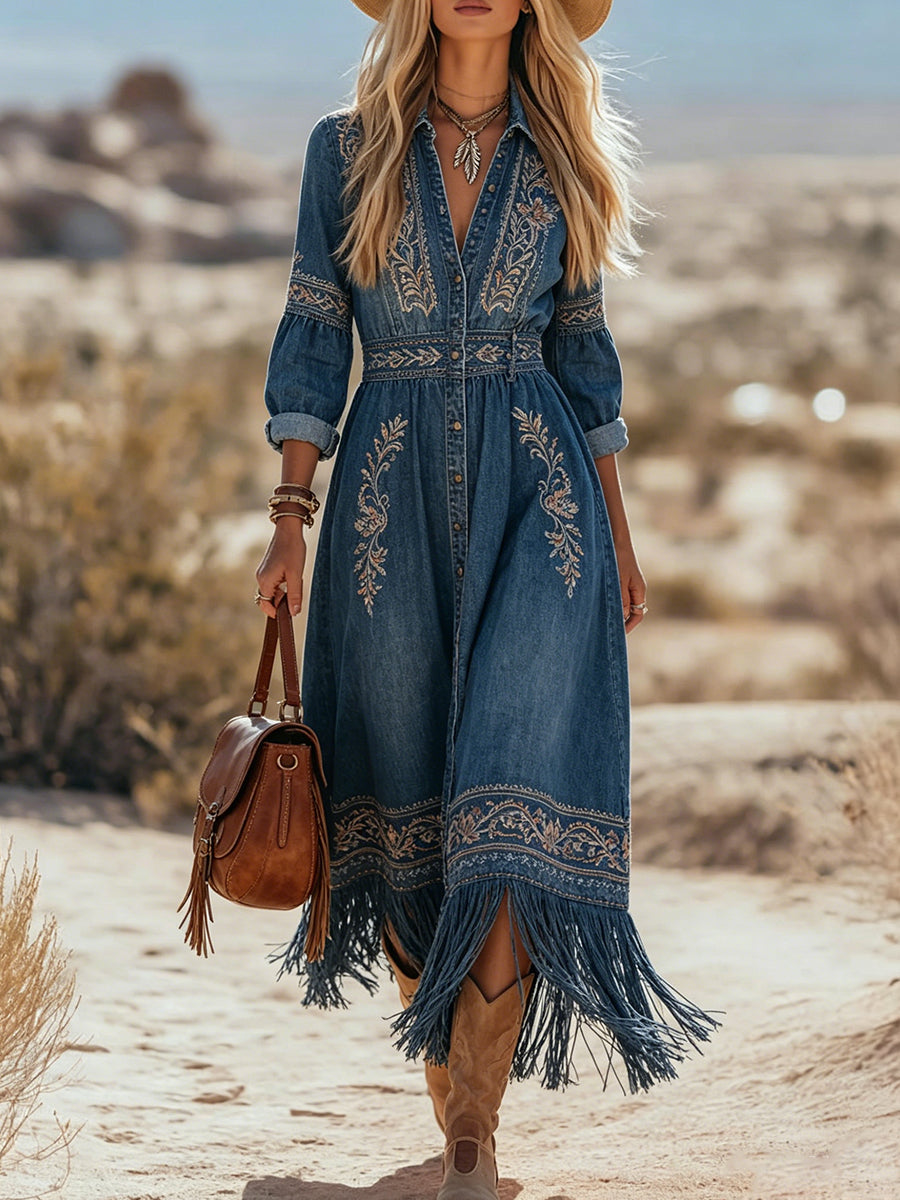 Embroidered Button-Front Fringe Hem Denim Midi Dress