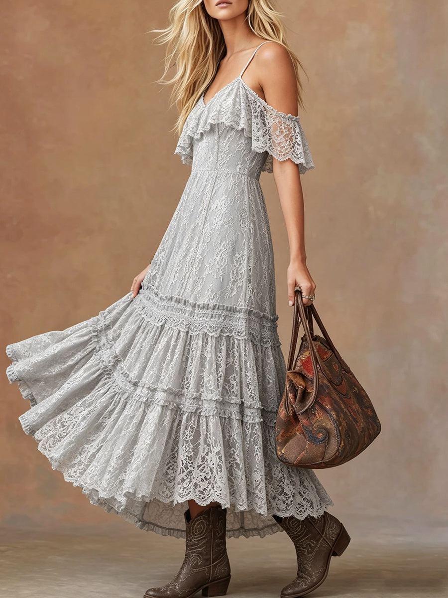 Cold Shoulder Ruffle Lace Tiered Maxi Dress
