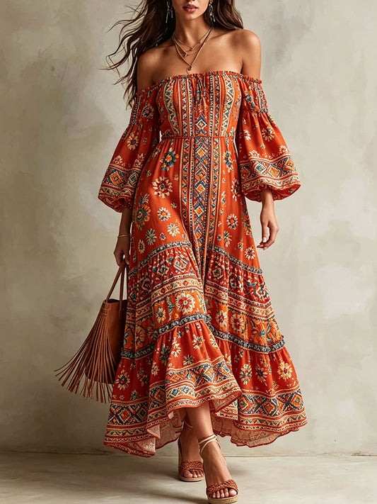 Off-Shoulder Floral Border Print Tiered Maxi Dress