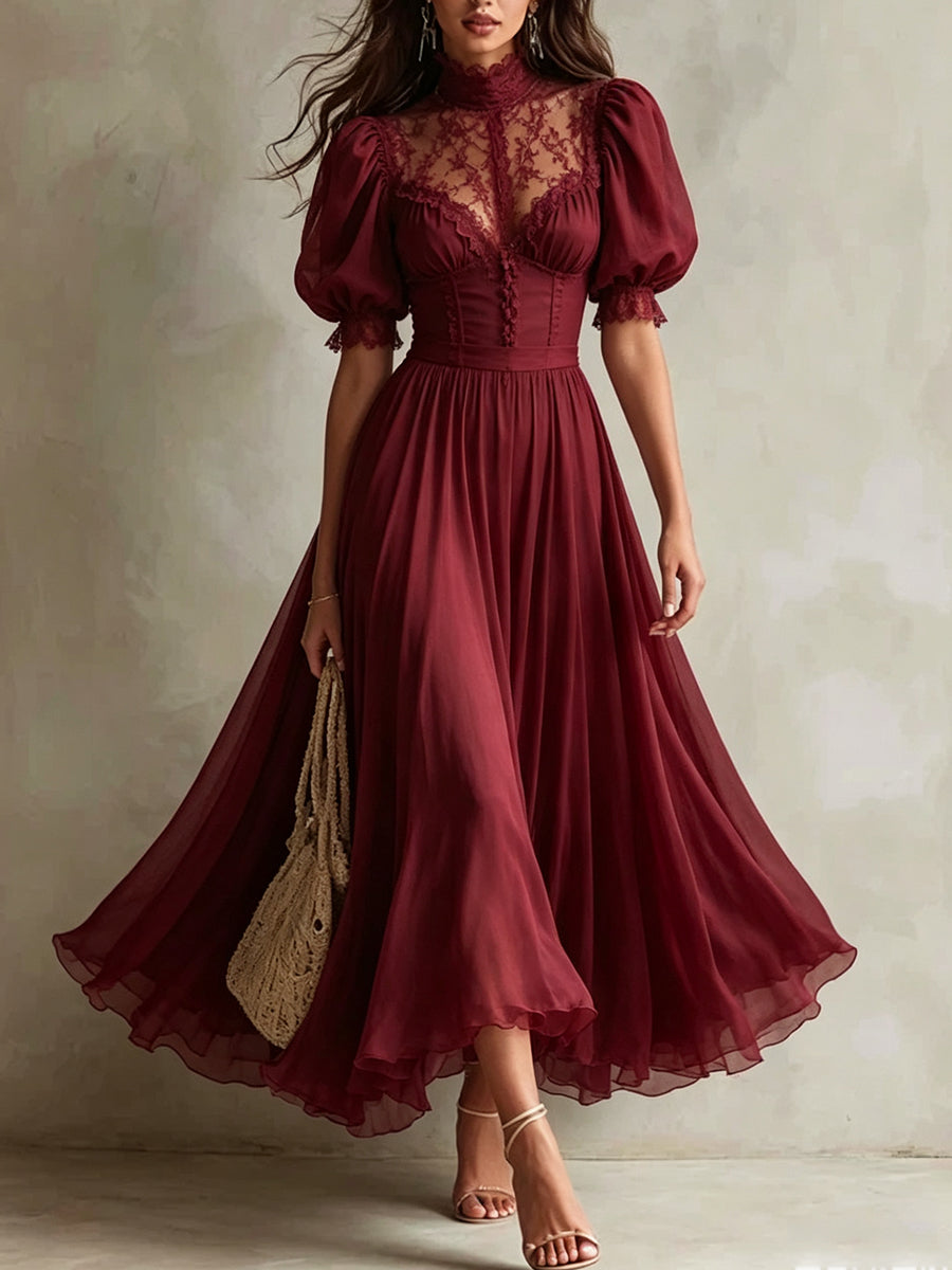 High Neck Lace Puff Sleeve Chiffon Maxi Dress