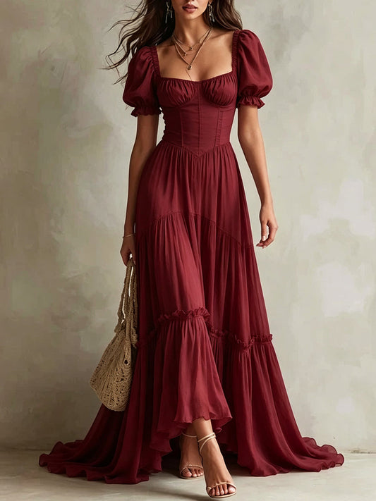 Square Neck Puff Sleeve Tiered Maxi Dress