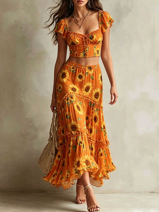 Sunflower Print Ruffle Crop Top & Tiered Skirt Set