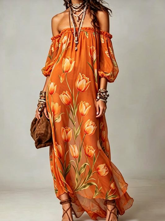 Off-Shoulder Tulip Print Chiffon Maxi Dress