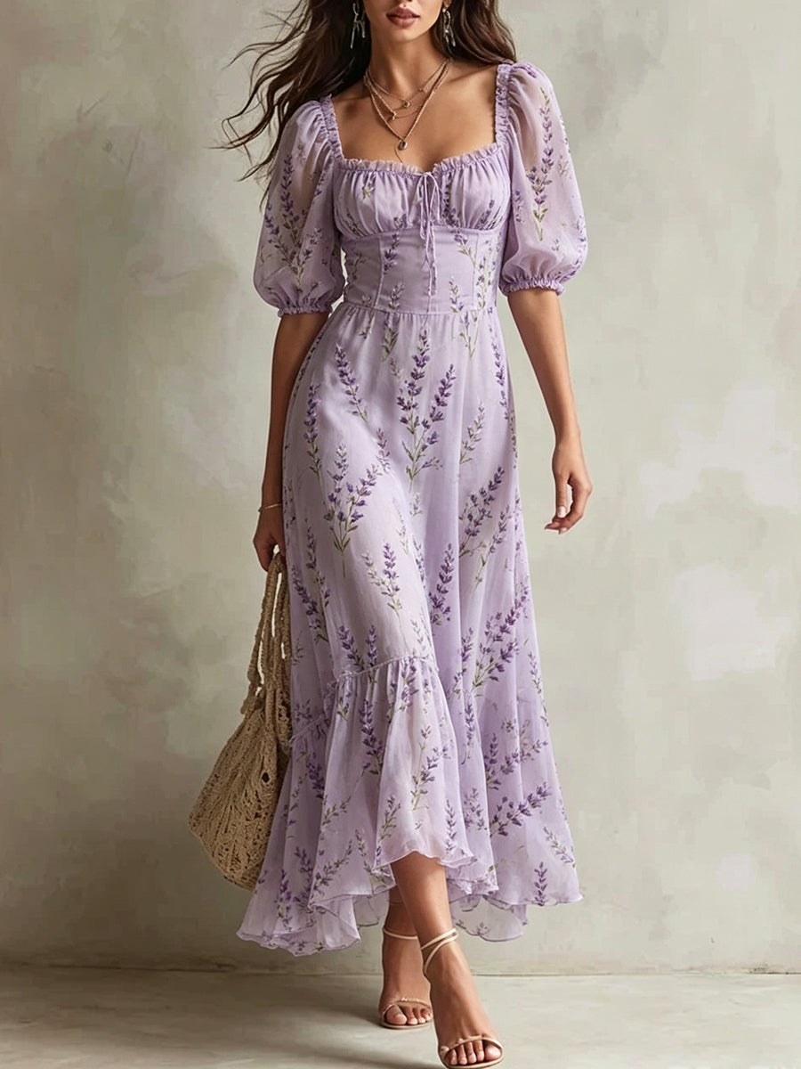 Square Neck Puff Sleeve Lavender Print Midi Dress