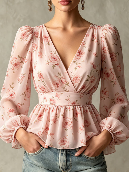 V-Neck Wrap Floral Chiffon Peplum Blouse