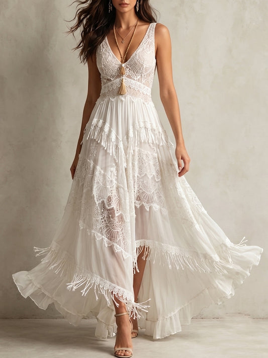 Lace Fringe Tiered Boho Maxi Dress