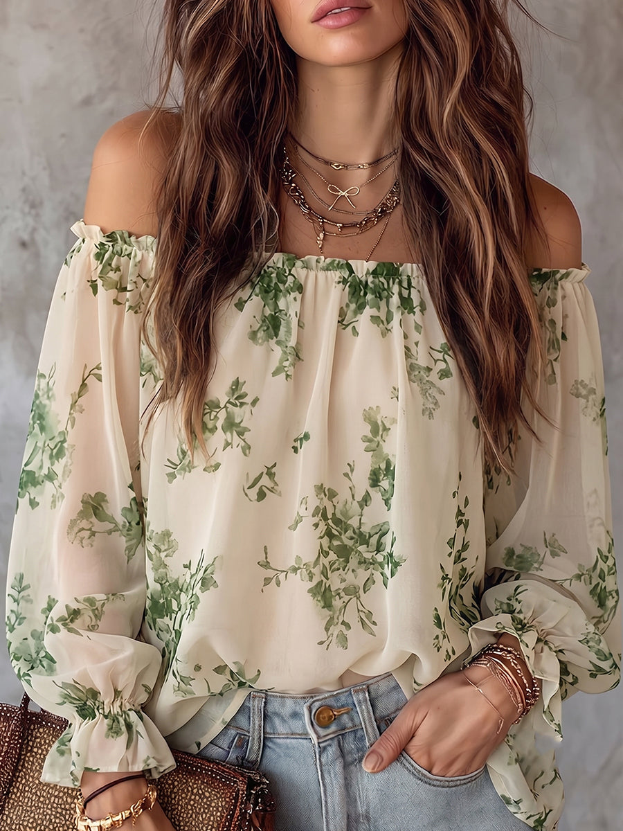 Green Leaf Print Off-Shoulder Chiffon Blouse