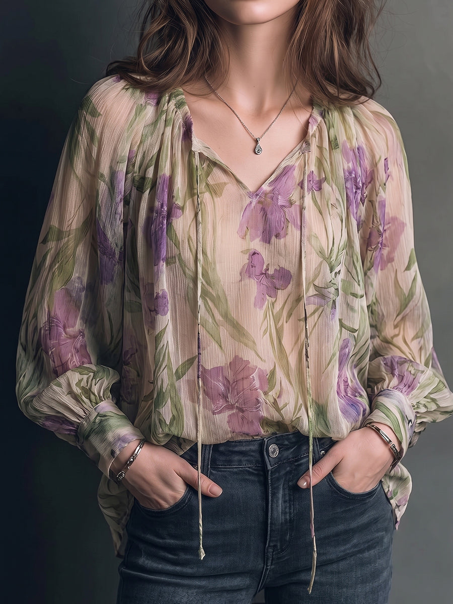 Purple Floral Print Tie-Neck Chiffon Blouse