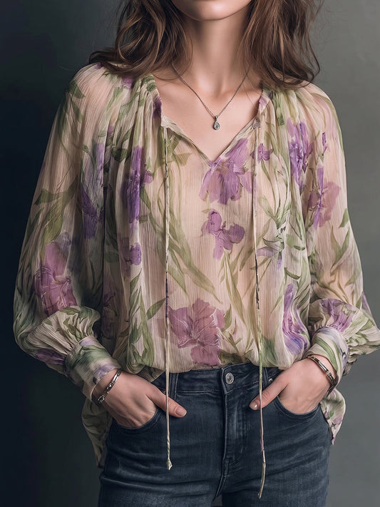 Purple Floral Print Tie-Neck Chiffon Blouse