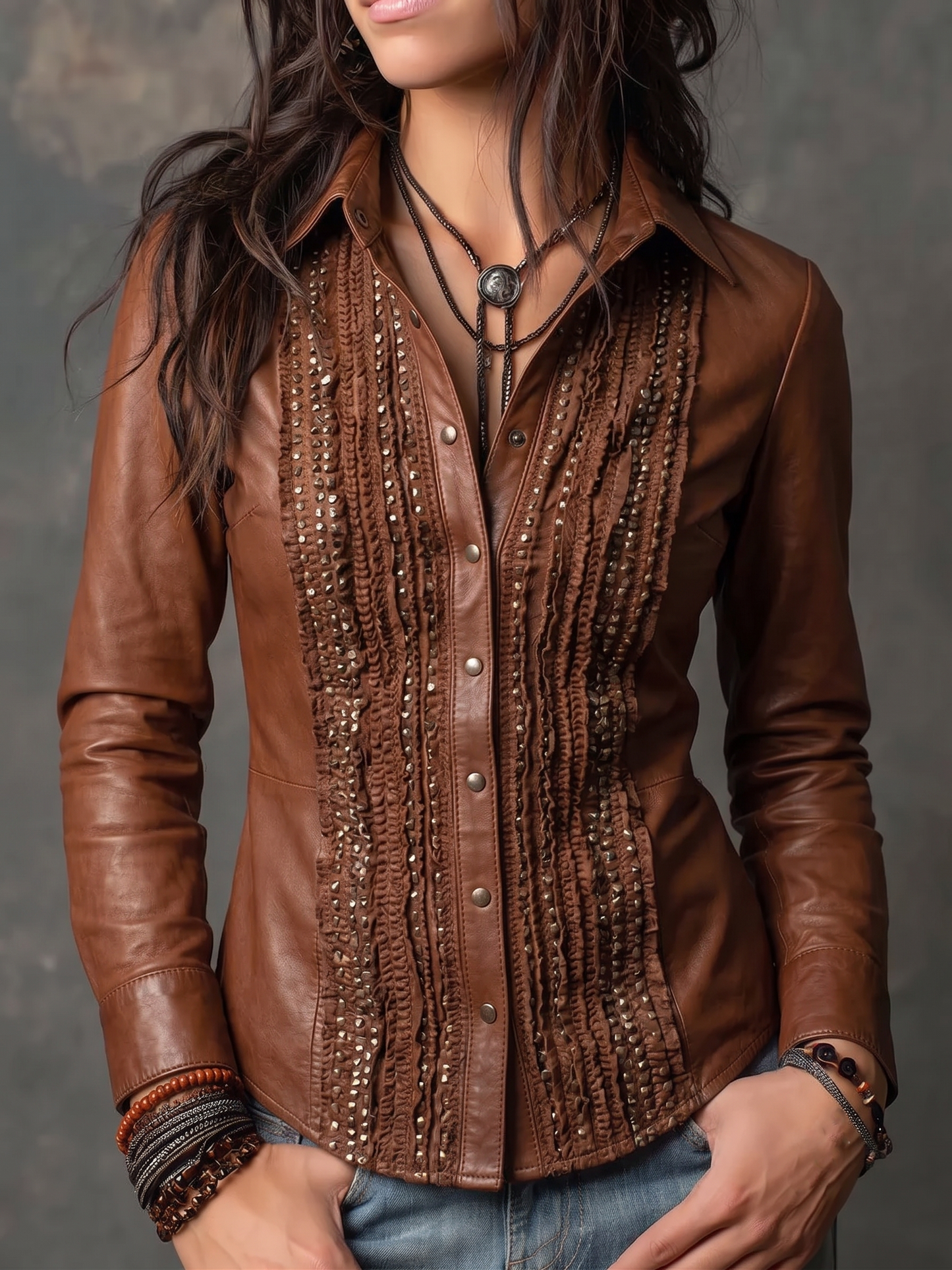Studded Ruffle Front Faux Leather Shirt