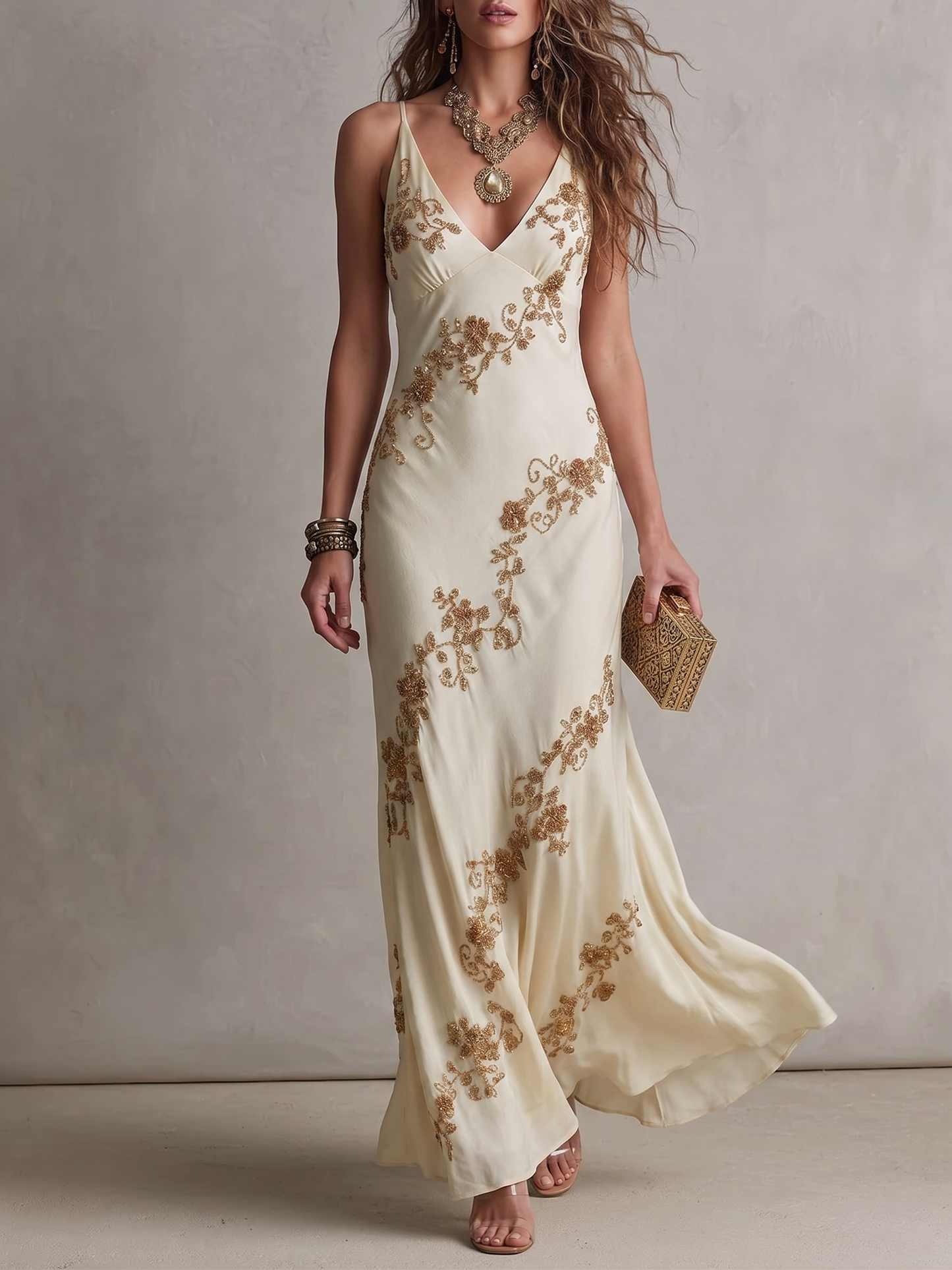 Gold Embroidered Spaghetti Strap V-Neck Bias Cut Dress