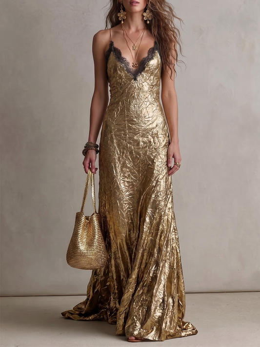 Metallic Crinkled Slip Dress With Lace Trim
