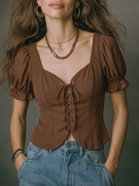 Corset Style Puff Sleeve Lace-Up Front Top
