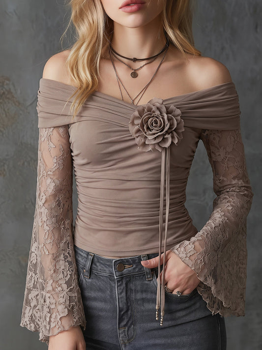 Off-Shoulder Lace Sleeve Ruched Top With 3D Rose Detail
