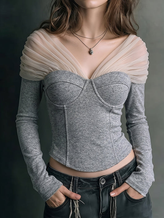 Mesh Paneled Corset Style Long Sleeve Top