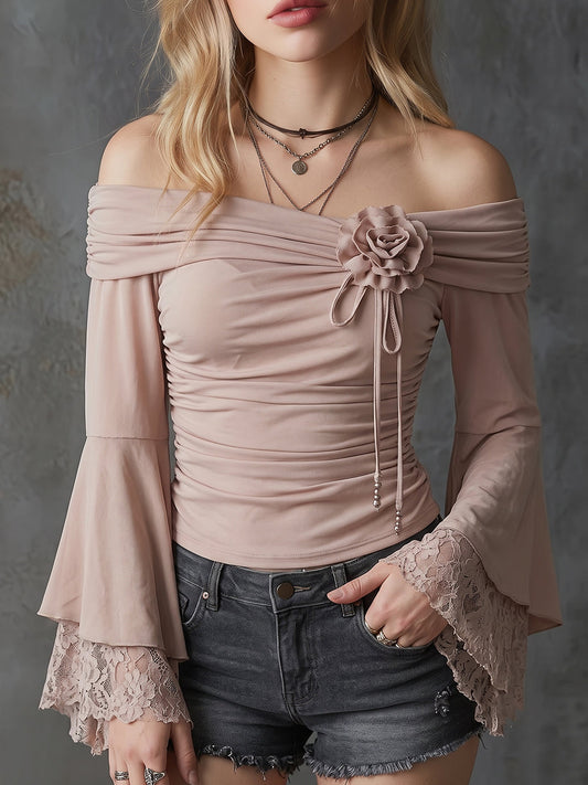 Off-Shoulder Ruched Top With 3D Rose And Lace Sleeves