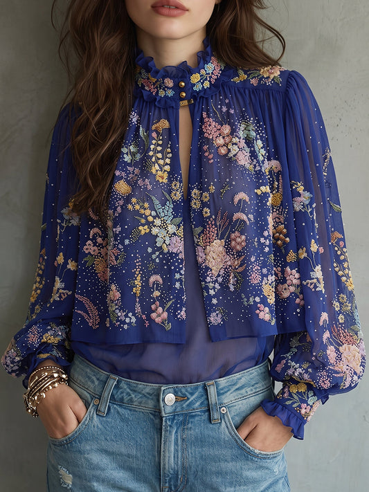 Embroidered Floral Ruffled High Neck Sheer Blouse