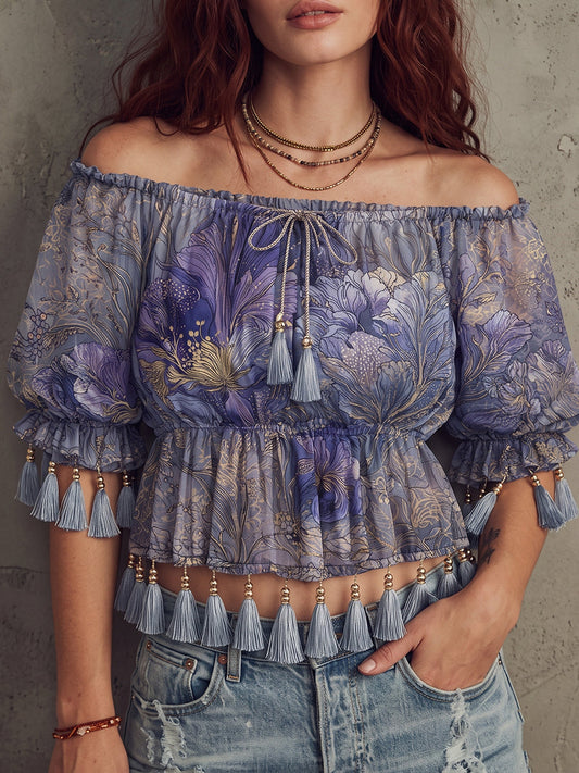 Off-Shoulder Floral Tassel Tie Crop Top