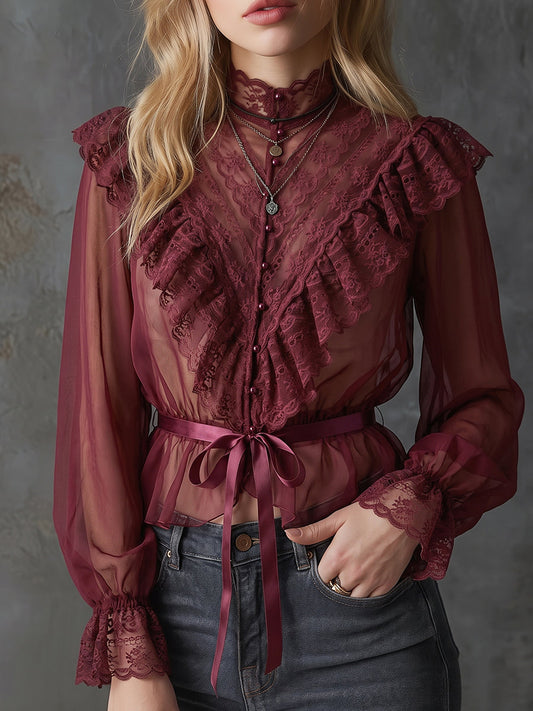 Sheer Lace Ruffle Ribbon Waist Long Sleeve Blouse