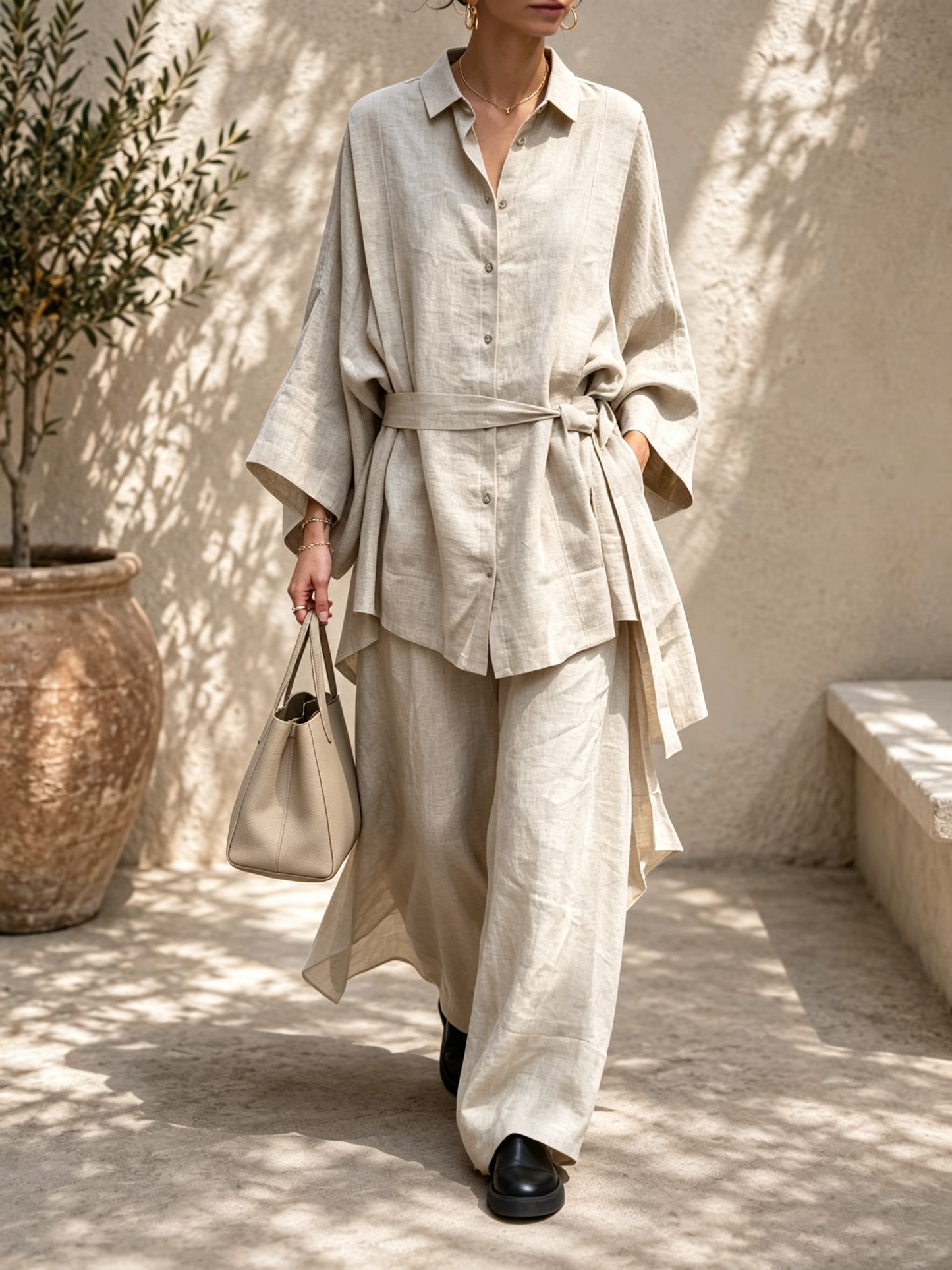 Beige Long Shirt Belted Wide-Leg Pants Set
