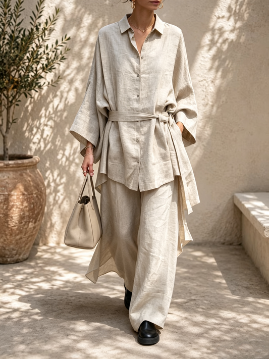 Beige Long Shirt Belted Wide-Leg Pants Set