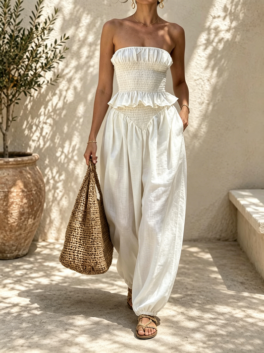 White Smocked Tube Top And Balloon Pants Set