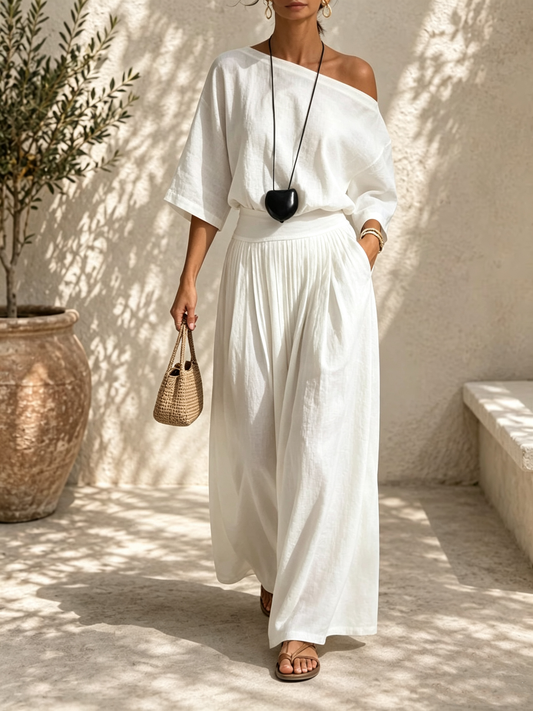 Short-Sleeve Asymmetrical Top And Pleated Pants Set
