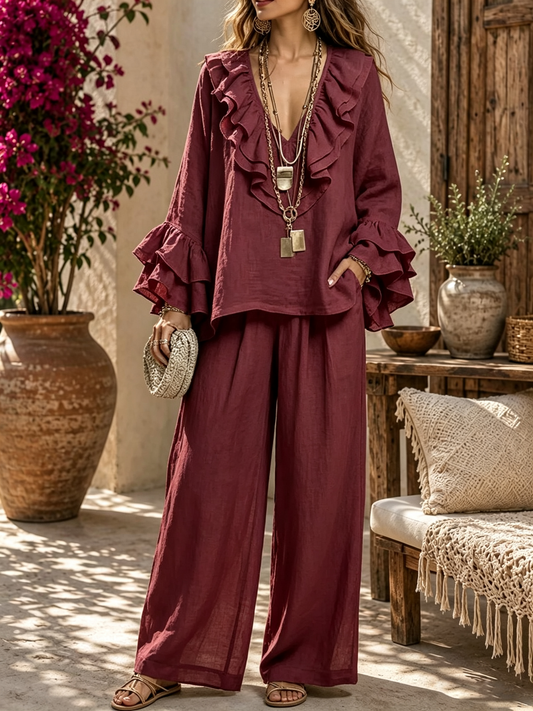 Ruffle Detail Long-Sleeve Top And Pants Set