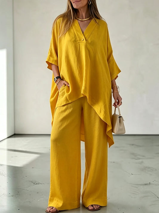 Mustard Yellow Asymmetric Tunic Top And Wide-Leg Pants Set