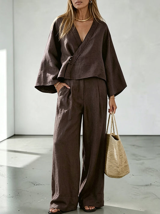 Dark Brown Wrap-Style Top And Pants Set