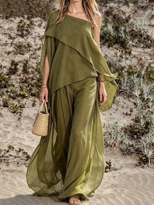 Asymmetric Draped Olive Green Two-Piece Set