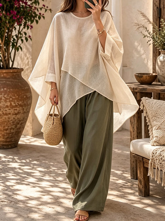Cream White Poncho Top And Olive Green Pants Set
