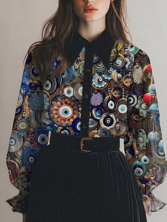 Evil Eye Amulet Print Sheer Long Sleeve Blouse