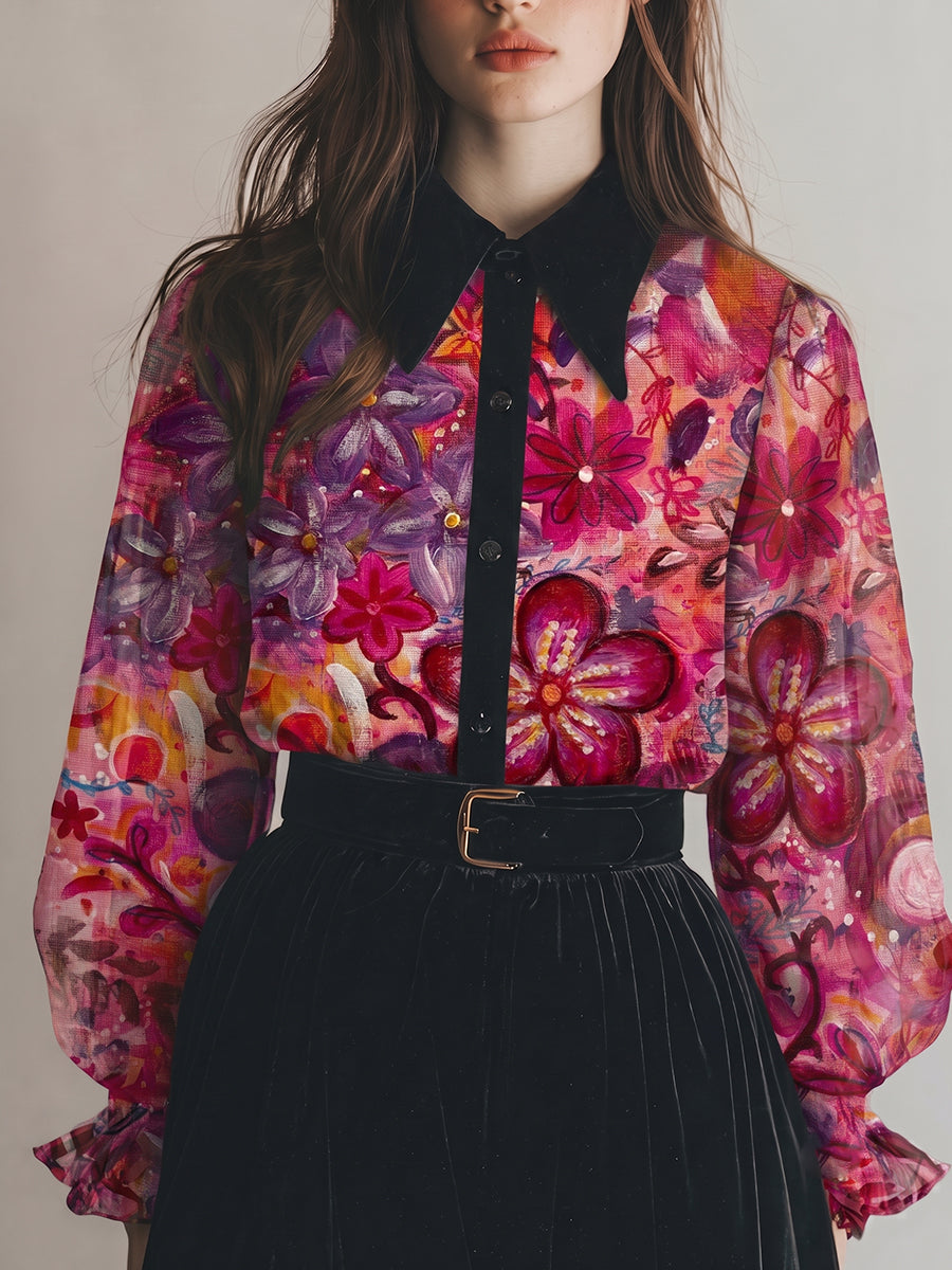 Abstract Watercolor Floral Print Sheer Blouse