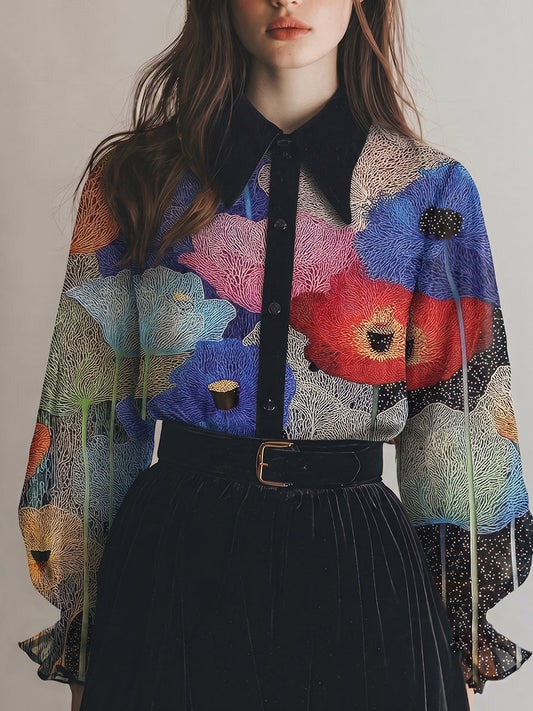 Textured Graphic Floral Print Button-Up Shirt
