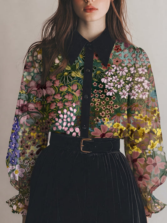 Boho Daisy Floral Print Button-Down Blouse