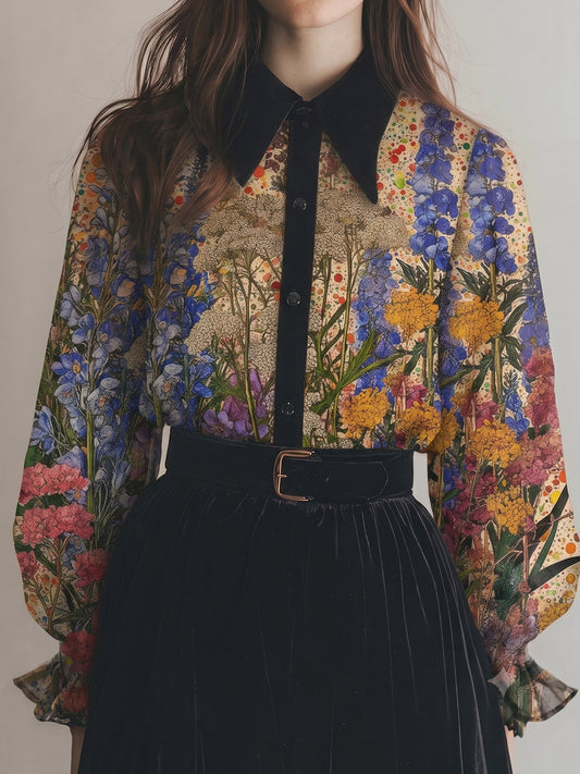 Botanical Delphinium Floral Print Sheer Shirt