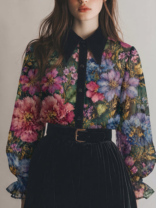 Watercolor Floral Print Long Sleeve Blouse