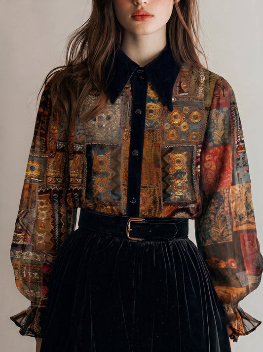 Patchwork Metallic Print Utility Button-Down Shirt