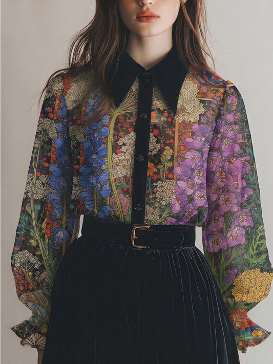 Botanical Purple Floral Print Sheer Collared Blouse