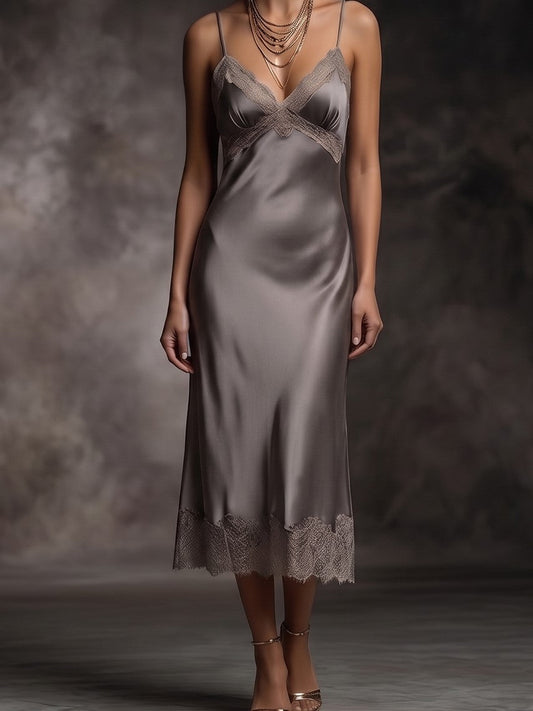 Lace Trim Satin Slip Midi Dress