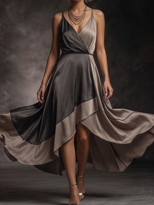 Two-Tone Satin Asymmetric Maxi Dress