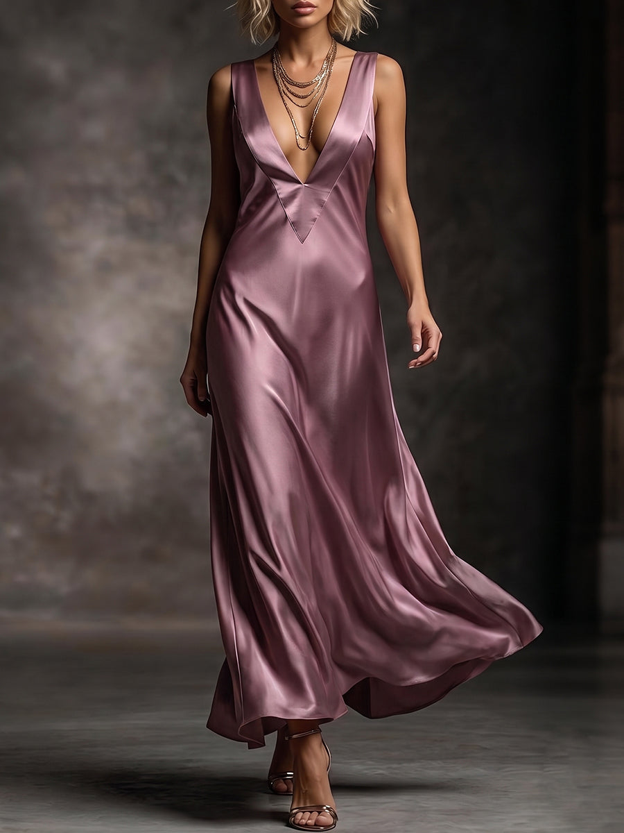 Dusty Rose Deep V Satin Slip Gown